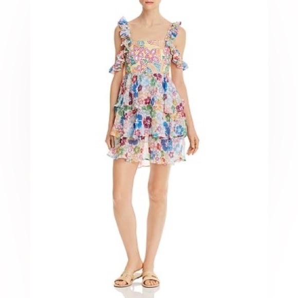 NWT All Things Mochi Ilima Floral Embroidered Mini Dress Tiered Off Shoulder M - Picture 2 of 12